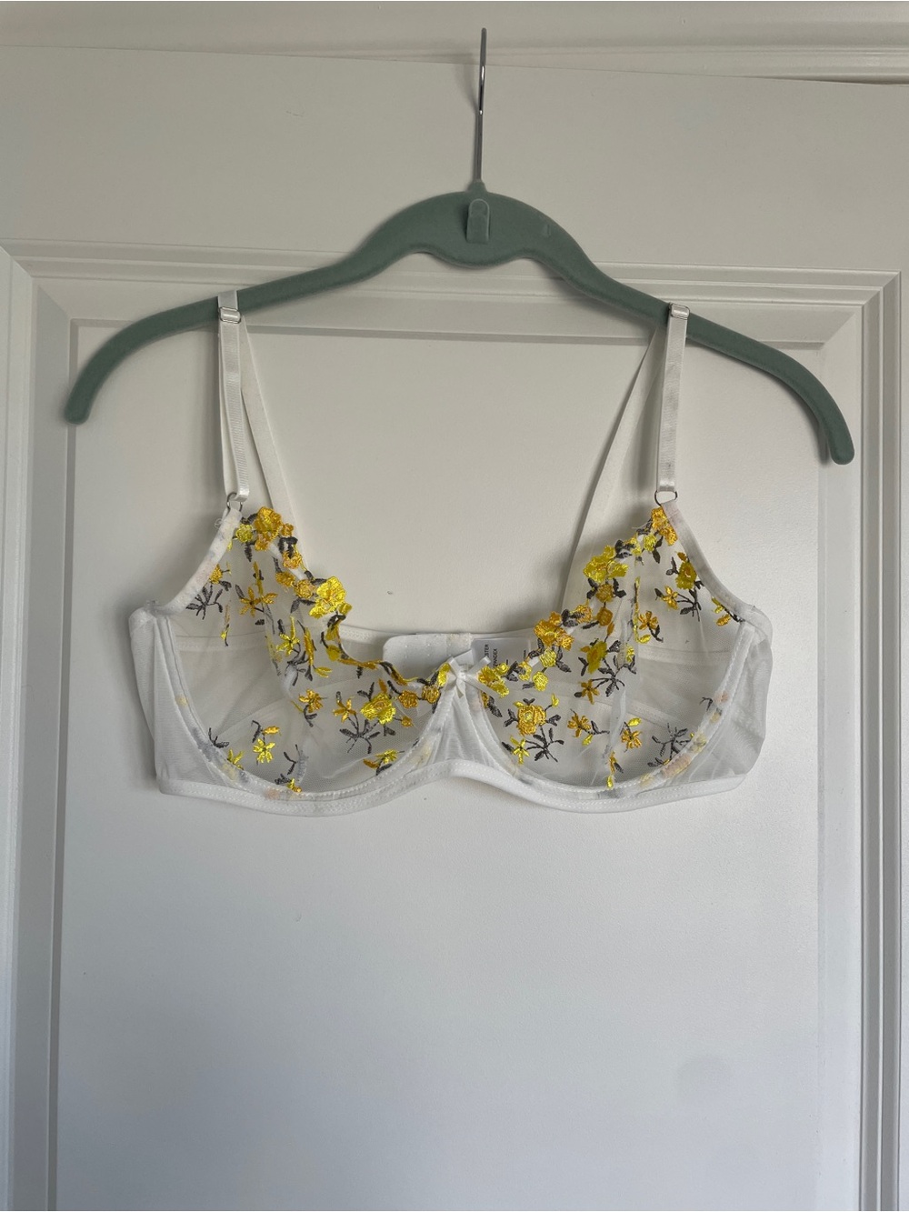 SHEIN White Sheer Embroidered Bra with Yellow Floral Accents